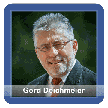 Logo blau, Porträtaufname von Gerd Deichmeier - Weißer Schriftzug: Gerd Deichmeier