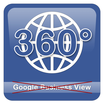 Logo blau, weiße Weltkugel, Zahlen 360° Schriftzug: Google Business View - rot durchgestrichen.
