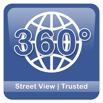 Logo blau, weiße Weltkugel, zahl 360°. Weißer Schriftzug: Street View | Trusted.