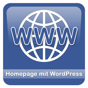 Blaues Logo mit Weltkugel und den Buchstaben WWW. Zusätzlicher Schriftzug: Homepage mit WordPress