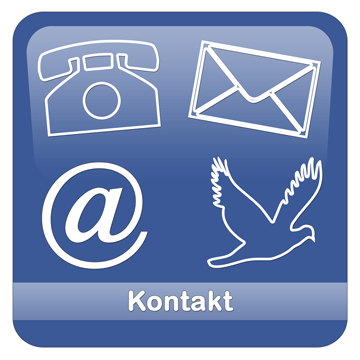 Logo blau, weißer Text: Telefon, Briefumschlag, @-Zeichen, Brieftaube und Schriftzug "Kontakt".