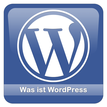Blaues Logo mit weißem WordPress-Logo in der Mitte. Zusätzlicher Schriftzug: Was ist WordPress.